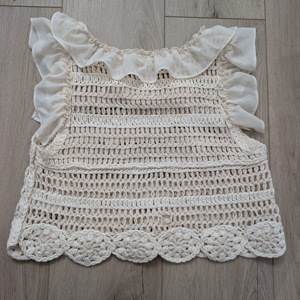 Anthropologie Ruffled Ivory Ruffled Crochet Top - Picture 7 of 10